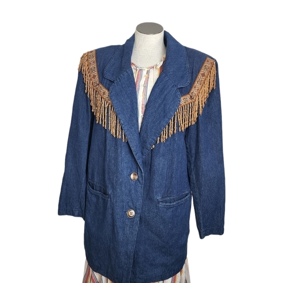 80"s Vintage Oversized Western Denim Jacket Brown Fringe Southwestern Si… - Picture 1 of 5